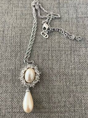 Vintage Christian Dior Teardrop Pearl Dangle Rhinestone Silver Chain Necklace